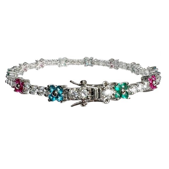 FANCY 10K White Gold Plated Pink Green Blue Flowers Crystal Tennis Bracelet - Picture 4 of 10